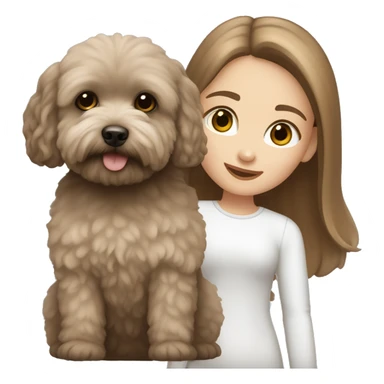 White Girl with brown long straight hair, holding a dark gray maltipoo with a white snout sticker