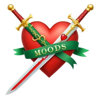 a red heart pierced by a green sword, with the golden text 'MODS' on a white ribbon sticker