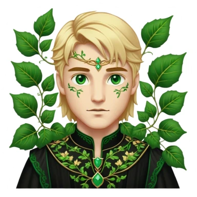 A golden-haired High Fae male with striking emerald-green eyes, his features sharp and aristocratic. He wears a deep black tunic embroidered with green ivy-like patterns, symbolizing his connection to nature. Though his broad frame and strong jawline exude power, there is a weight behind his eyes—something restrained, something broken. sticker
