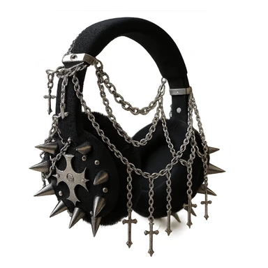Add dramatic silver chains and dangling cross charms to the realistic black gothic headphones with velvet ear cups, silver spikes, and subtle cross motifs. Keep the background transparent. Maintain the realistic black gothic style with velvet texture and silver details. sticker