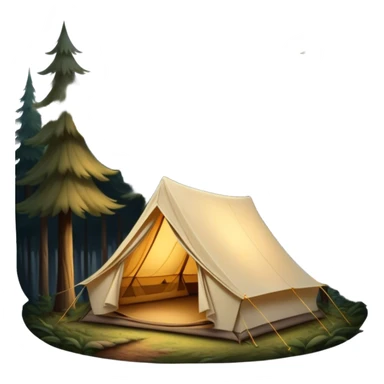 Cinematic Realistic Tent, a sturdy canvas tent nestled among tall trees, warm golden light spilling from inside, gentle folds in the fabric visible, glowing against the cool, dark forest backdrop, evoking a sense of adventure and comfort. sticker