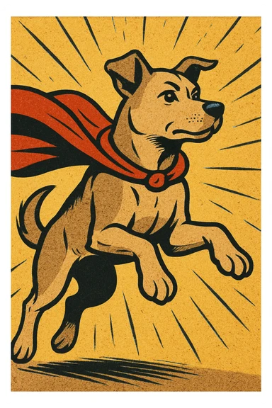 a heroic dog in a cape, old school comic book style sticker