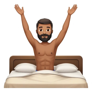 shirtless black beard man waking up out of bed stretching arms with sunshine in the back sticker