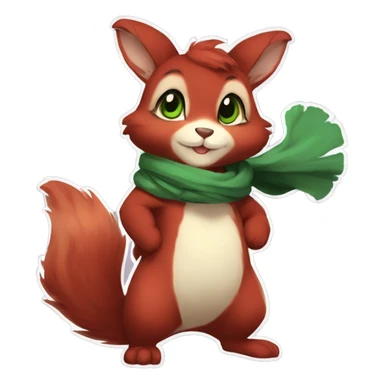 Cute, Chibi, chubby, fluffy, Kemono-style, Anthro, Fur-Sona, Dark-Red, Squirrel-Rabbit-hybrid-Fakémon, with a green scarf, full body sticker