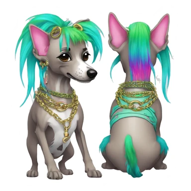 Punk Chinese crested dog neon rainbow cyan green pink hair gold chain punk piercings tattoos punk ear piercings sticker