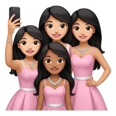 Just 3 besties with professional glammed up looks wearing pink and white, all medium skin tone smiling big with black long hair. Very girly wearing jewelry, taking a selfie  sticker