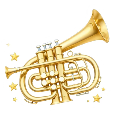 “Flat vector icon of a golden side-view trumpet with three valves, thick outline, on a deep navy blue rounded-square (or circle); 2–3 white or light-blue notes come out of the bell, surrounded by a soft light-yellow glow and a tiny golden star, plus a small speech bubble with the word ‘¡Azúcar!’.  sticker