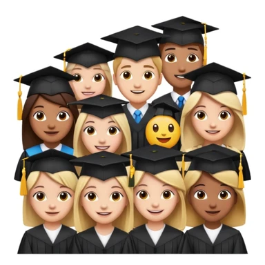 a group of diverse students in graduation caps, university building behind them, emoji style, inspired by 'KIDZ BOP Kids' sticker