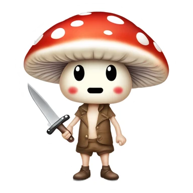 cute mushroom person holding knife and he’s really small and red and white spots with a cute smiley face  sticker