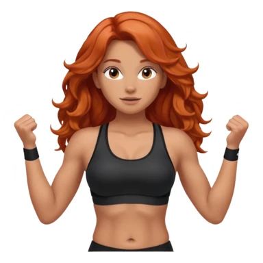 Athletic girl with long light red wavy hair and smaller boobs bigger arms. middle part and black sports bra, long hair, show stomach sticker