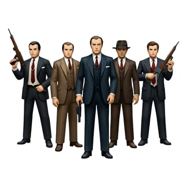 Vintage noir poster with Don Corleone surrounded by gangsters holding Thompson submachine guns. Background features New York skyscrapers, adding to the gritty, classic gangster film feel.  Dark and moody atmosphere with shadows, suits, and a mysterious vibe. Transparent background. sticker