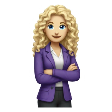 Woman teacher, blonde long curly hair,  blue eyes, purple jacket, with book sticker