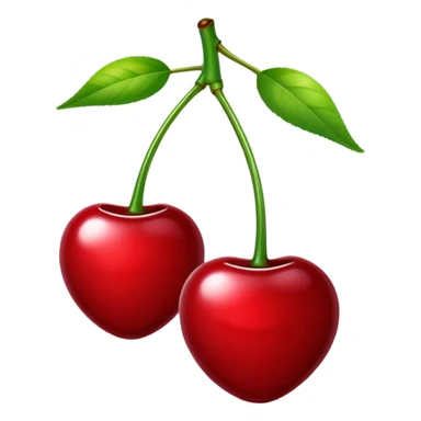 Pair of glossy red cherries with green stem, fruit sticker