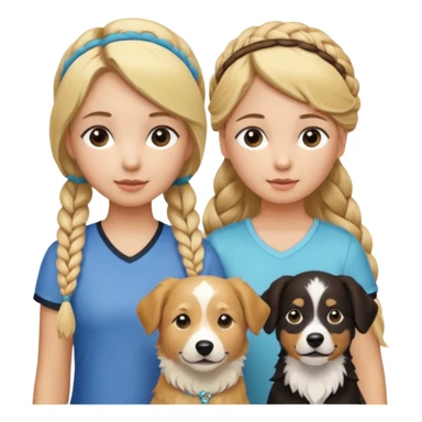 a group of 5 girls two blonde hair tied down one with a golden retriever next to her 1 blonde hair and in a braid  and one brown hair with a head band and 1 blonde hair in a small braid with a border collie next to her sticker