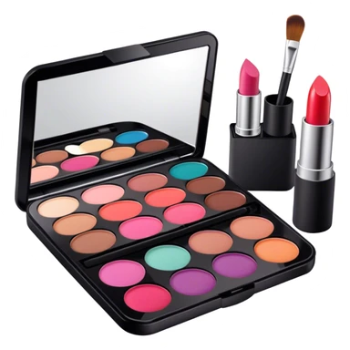 A photorealistic icon featuring makeup brushes, a lipstick being applied, an eyeshadow palette with colors in use and a compact mirror reflecting a half-done makeup look. The design captures the artistry and process of makeup with bright and realistic textures. Transparent background. sticker