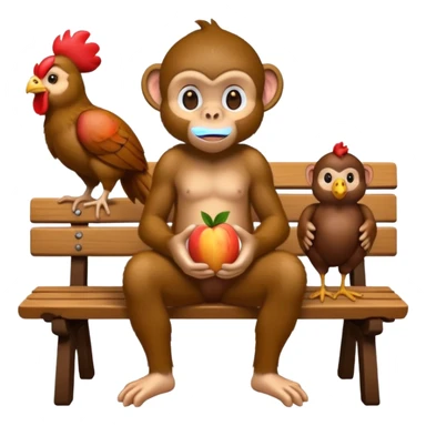 monkey(full body) sitting on a bench and eating peach and chocolate and chicken watches him sticker