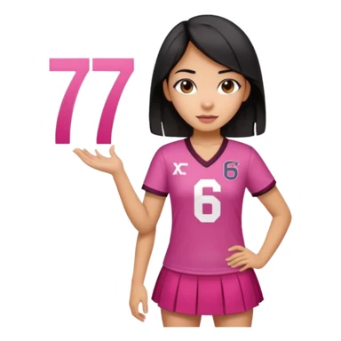 Hawaiian girl with black hair with dark pink highlights in hair with short skirt and jersey shirt number 67 sticker