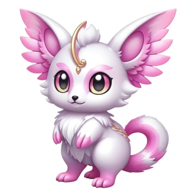 Shiny epic glittery iridescent divine white gold pink animal-fakemon-creature with head-ear-wings, cute, adorable, big eyes, fluffy tail sticker