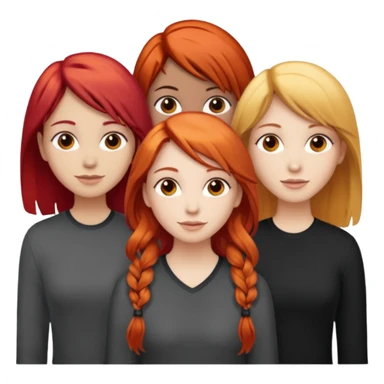 Can you create an image of 3 friends together one with red bright hair light skin one the other with brown hair with some blonde highlights in the hair fair skin the last one with light brown a tint of orange hair and black long hair with brown  sticker