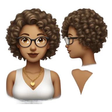 curly haired, olive skinned, girl, with transparent glasses, brown eyes and dark blonde hair with some meshes. a little curvy, oval face and plump lips. with a white bodysuits and cute gold necklace and gold earrings. sticker