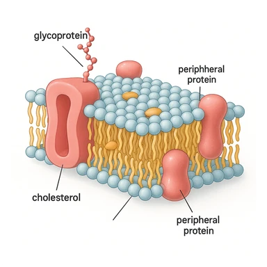 A highly detailed, scientifically accurate cross-section of a biological cell membrane (lipid bilayer) on a white background, ultra-realistic 3D illustration. Show the phospholipid bilayer with hydrophilic heads (round, polar) facing outward and hydrophobic tails (chains) inside. Include embedded proteins (integral and peripheral), cholesterol molecules (small, rigid), glycoproteins with sugar chains, and ion channels. The style should be clean, lab-textbook style, with subtle shadows and depth. Use a color scheme: light blue for hydrophilic heads, yellow for hydrophobic tails, red/pink for proteins, and orange for cholesterol. Microscope-like precision, no artistic stylization. Educational diagram of the Fluid Mosaic Model, cross-sectional view with labels for 'glycoprotein', 'cholesterol', and 'peripheral protein', vector graphic style. sticker