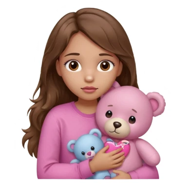 girl with long wavy brown hair, brown eyes, light to medium complexion, in a pink shirt, pink lips, long lashes, sad, hugging squeezing a teddy bear with bandaid hearts sticker