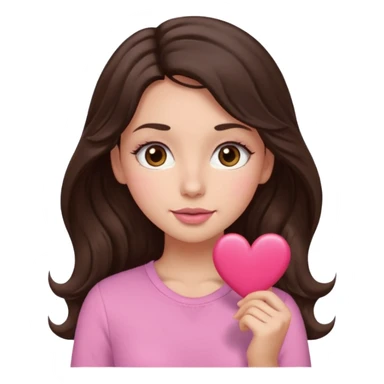 Can you show me an emoji of a girl with long wavy dark brown hair,brown eyes with long eyelashes, heart mixed with square shaped face, normal lips, wider nose then usual but still small, light blush and a pink tight shirt,kinda cartoonish emoji too  sticker