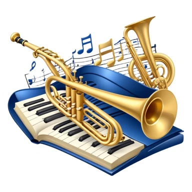 Create an elegant and refined emoji that represents orchestration and arrangement. The design should feature a musical score or sheet music with various orchestral instruments like a violin, a trumpet, and a grand piano subtly integrated into the composition. Add a conductor's baton, symbolizing the guiding hand of orchestration, and flowing musical notes that move between the instruments. Use rich, classic colors like gold, silver, and deep blue to evoke the sophistication of orchestral music. The background should be transparent, with a touch of intricate details to represent the complexity of orchestration. sticker