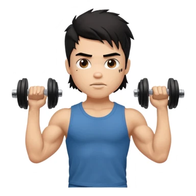 generate a pretty fair bratz boy with a messy mullet (black hair), wearing a brown tshirt. he has big biceps and is ripped. He is holding dumbbells sticker