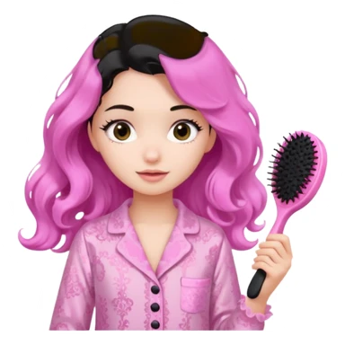 girl with medium length black way hair wearing pink lacy pajamas brushing her hair with pink hairbrush sticker