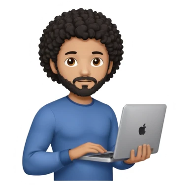 men holding his computer in hands. light brown skin men with curly black hair, dark brown eyes, little grown beard. ust a tiny bit muscular. dressed casual. round face. sticker