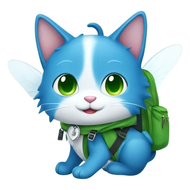 happy fairy tail blue cat with white wings and green backpack  sticker