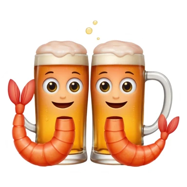 Design a trendy emoji-style illustration of two shrimp peeking from behind text, only half of their bodies visible, curious and playful expressions.
One shrimp holding a beer mug, the other pointing forward.
 sticker