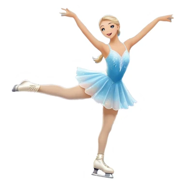 An icon featuring a shimmering rink, colorful spotlights, snowflakes gently falling from the sky, and an audience in the stands, with a snowy landscape visible through large windows with a graceful figure skater performing a spin on a sparkling ice rink. Transparent background. sticker