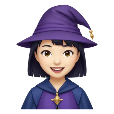 An Asian short-haired girl with short raven hair and bangs, with heterochromia eyed, eyeliner, and laughs with teeth and her tiny fang of mauve-toned lipstick, wears a dark navy wizard hat with an emblem on it. sticker