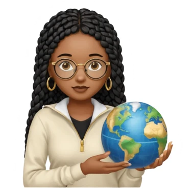 a young woman wearing fine gold round glasses and black hair in several box braids, no earrings, she has light black skin, and she's wearing a white shirt with a black quarterzip sweater. She's holding a globe in one hand sticker