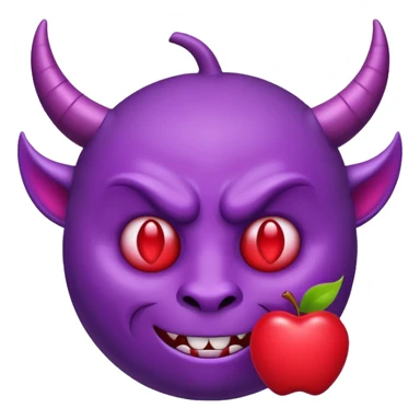 Purple demon emoji with red hearts for eyes, apple emoji, circular head with horns sticker