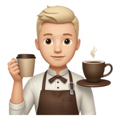 male barista portrait, head and shoulders only, wearing apron collar, holding a coffee cup, confident friendly expression, cafe worker vibe, 3D cartoon, mobile game icon style, clean background, no text, no watermark
 sticker