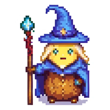 pixel art butter slice with a wizard robe and hat holding a staff sticker