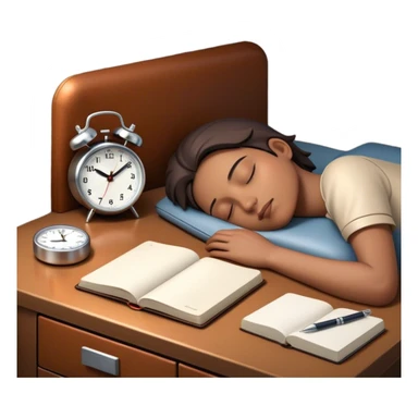 A dimly lit bedroom with a person sleeping. On a nightstand, there's  there’s a small alarm clock and a closed journal. In the background, a clean and tidy kitchen is visible, symbolizing a fresh start for the morning. preparation. sticker