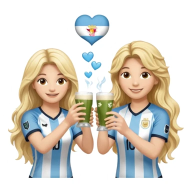 Lionel Messi in Argentina jersey and Shakira in stage clothes, smiling at each other, each holding a traditional yerba mate cup, making a cheerful toast, Shakira with long wavy blonde hair, emoji style, cute and fun, with little hearts floating sticker