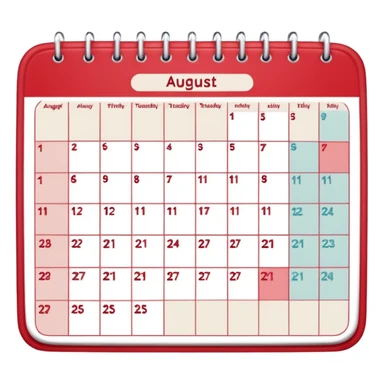 a monthly calendar labeled “August,” with rounded square date boxes, scalloped border frame, playful red doodle lines, and a cozy planner vibe. Minimal kawaii style, flat pastel color palette, slightly imperfect sketch lines, centered object, no background sticker