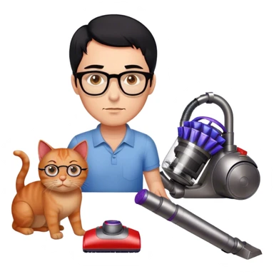 Dyson used by a man with black hair, very light blue eyes with glasses and 2 red cats on the floor sticker