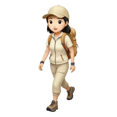 Full body asian woman hiking on mountain trail cream clothes baseball cap sticker