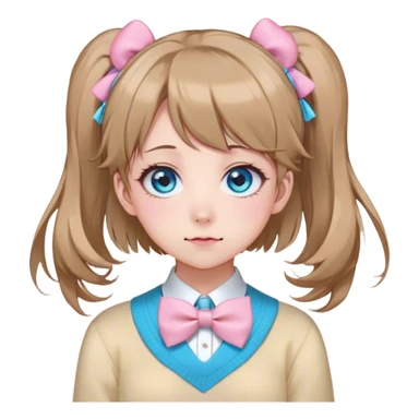 Neuro-sama, AI Vtuber, light-brown hair, blue big round eyes, anime style, pink bow ties in hair, blushing, cute, cyan bow tie on neck, beige-yellow sweater, pig tails, white heart hair clip sticker