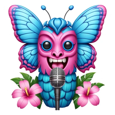 Pixar style little Cartoon Blue and pink tiki singing with butterfly and in the microphone, ultra detailed and lifelike imagery sticker