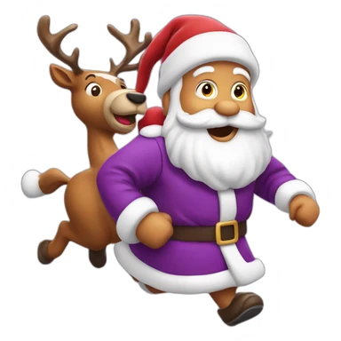 Santa Claus dressed in purple running with the reindeer to deliver the presents sticker