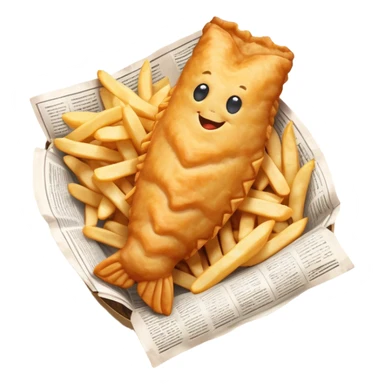 Fish and Chips Cinematic Realistic Fish and Chips Dish Emoji, depicted as a crispy battered fish fillet and golden chips served in traditional newspaper wrapping, rendered with lifelike textures and warm natural lighting that captures its iconic British street food charm  . sticker