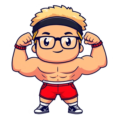 Regular man with black and white cap, bare torso, red shorts, clear glasses, messy light blond mullet hairstyle, smiling and flexing muscles sticker