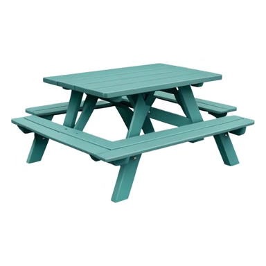 picnic table with attached benches, muted teal, straight vertical legs, small wheels, flat wood-style silhouette, minimal shading, clean geometry sticker
